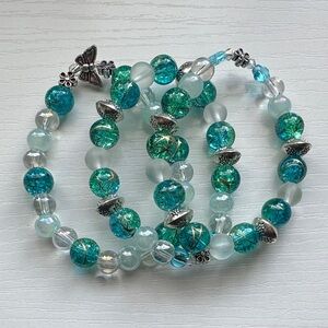 Hand Beaded Artisan Crystal Bracelet Stack Silver Turquoise Butterfly Flower